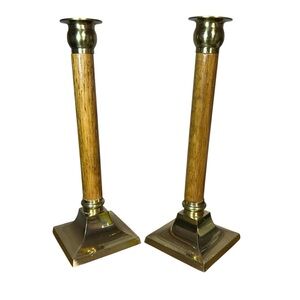 Pair Vintage Brass Wood Candlestick Holders 9.5” Mid Century Modern Taper Candle